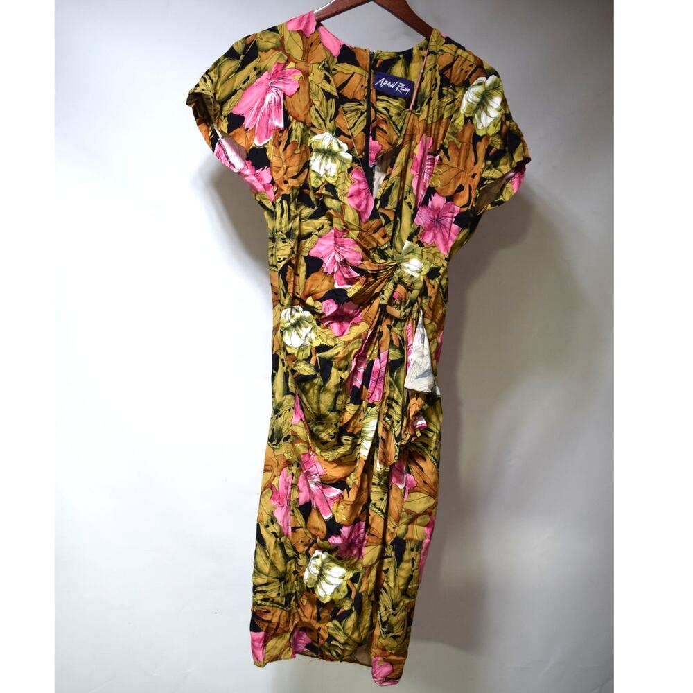 April Rain Women’s Floral Ruched Midi Dress Pink Olive Brown Black Short Sleeve